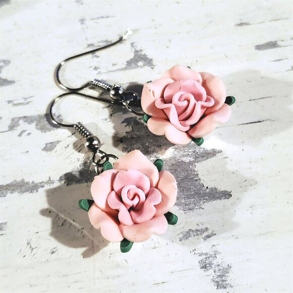 Pink Rose Flower Handcrafted Fimo Polymer Clay Bead Dangle Earrings - Picture 4 of 5